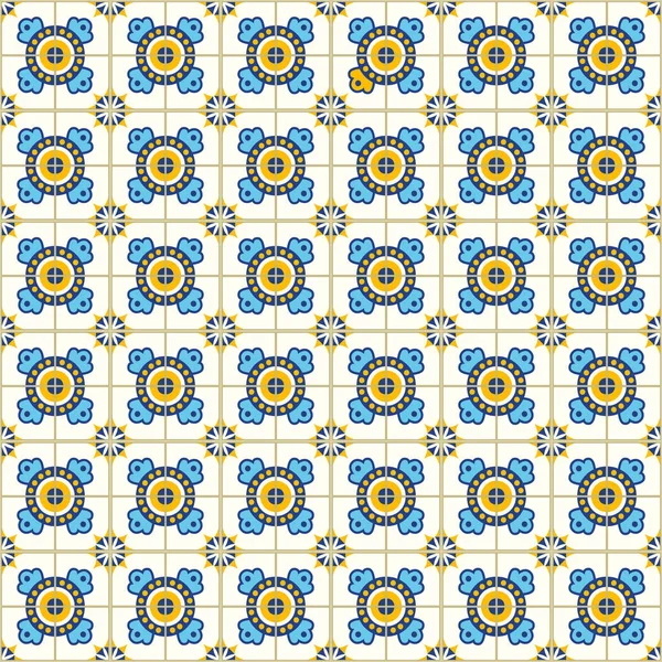Nahtloses Muster mit portugiesischen Fliesen. Vektorillustration von Azulejo auf weißem Hintergrund. mediterranen Stil. blau und gelb. — Stockvektor