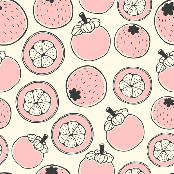 Sömlös karaktär mönster med skiss av bär. Rosa vektorbakgrund med mangostan. Tropiska mat. — Stock vektor