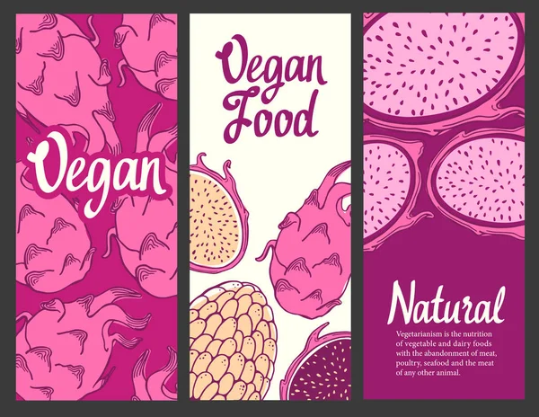 Banners instellen met schets van fruit. Roze vectorillustratie van pitaya op witte achtergrond. Tropische levensmiddelen. — Stockvector
