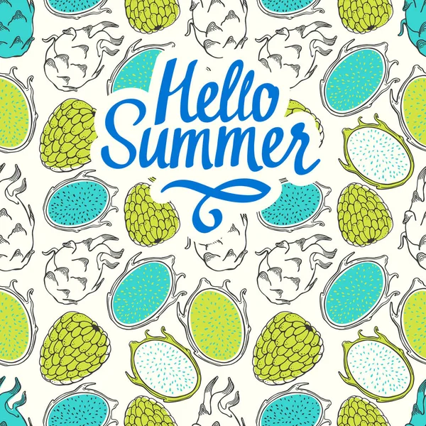 Modèle de nature sans couture avec croquis de fruits. Illustration vectorielle verte de pitaya sur fond blanc. Nourriture tropicale. Bonjour l'été . — Image vectorielle