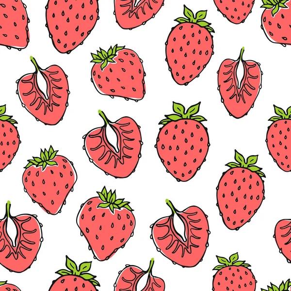 Nahtloses Naturmuster mit Skizze von Früchten. roter Vektor Hintergrund mit Erdbeere. Tropische Lebensmittel. — Stockvektor