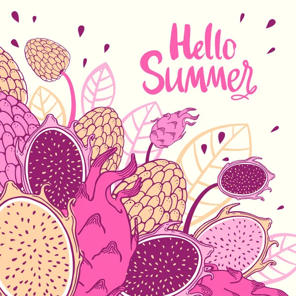 Padrão de natureza com esboço de fruta. Ilustração vetorial vermelha e amarela de pitaya sobre fundo branco. Alimentos tropicais . —  Vetores de Stock