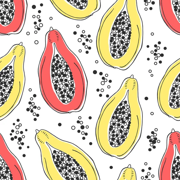 Sömlös karaktär mönster med skiss av frukt. Röda och gula vektorillustration av papaya på vit bakgrund. Tropiska mat. — Stock vektor