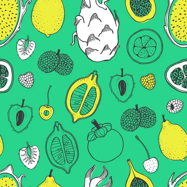 Padrão de natureza sem costura com esboço de frutas. Ilustração de linha vetorial amarelo e branco de mamão, figo, pêra, pêssego, mangostão, lichia em fundo turquesa. Alimentos tropicais . —  Vetores de Stock