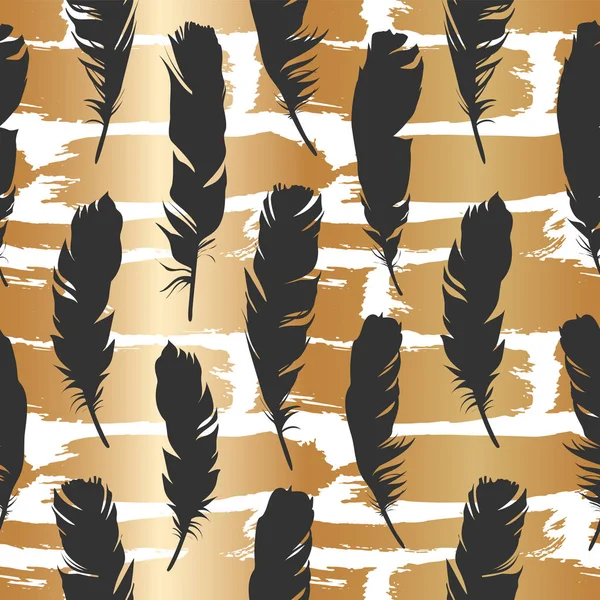 Sömlös svart illustration med fjädrar på en guld pensel bakgrund. Naturliga vektor mönster. Boho stil. Enkla siluetter. — Stock vektor