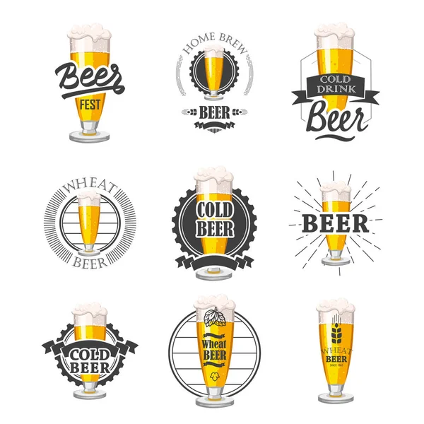 Illustration vectorielle avec logo et étiquettes de pub de bière. Symboles simples verre, bouteille. Traditions de la boisson. Éléments décoratifs pour votre design. Style blanc noir . — Image vectorielle