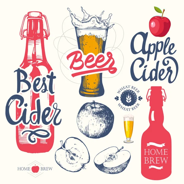 Cerveja e cidra em estilo esboço. Ilustração vetorial com logotipo pub multicolor, rótulos. Diferentes tipos de lanche, bebidas para o seu design de embalagem. Casa cervejaria . — Vetor de Stock