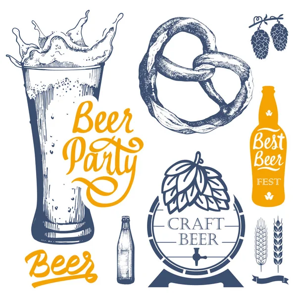 Bira pub logo ve etiketleri ile vektör çizim. Basit semboller cam, şişe. Oktoberfest gelenekleri. Dekoratif elemanlar tasarımınız için. Siyah beyaz stili.