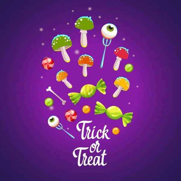 Mutlu Cadılar Bayramı kompozisyon. Komik vektör çizim karikatür tarzı tatil için çok renkli iksir, şekerler ve amanitas. Ya parani ya canini poster.