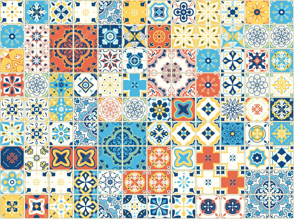 Seamless pattern with portuguese tiles. Vector illustration of Azulejo on white background. Mediterranean style. Multicolor design.