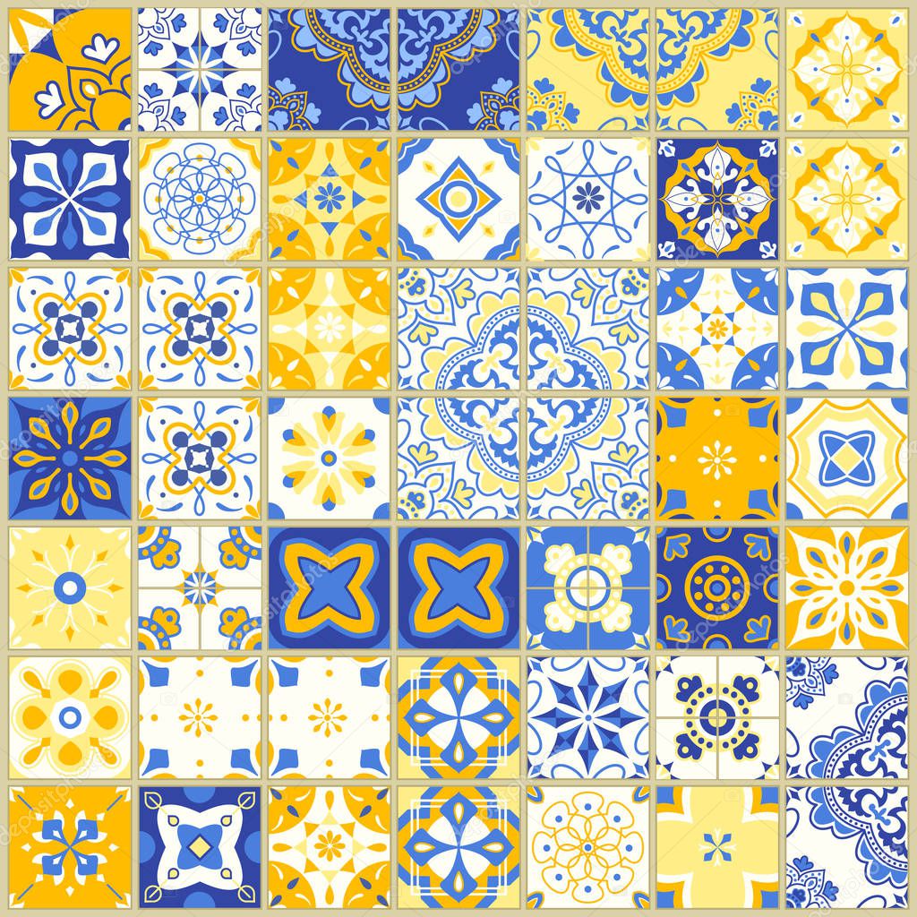 Seamless pattern with portuguese tiles. Vector illustration of Azulejo on white background. Mediterranean style. Blue and yellow design.