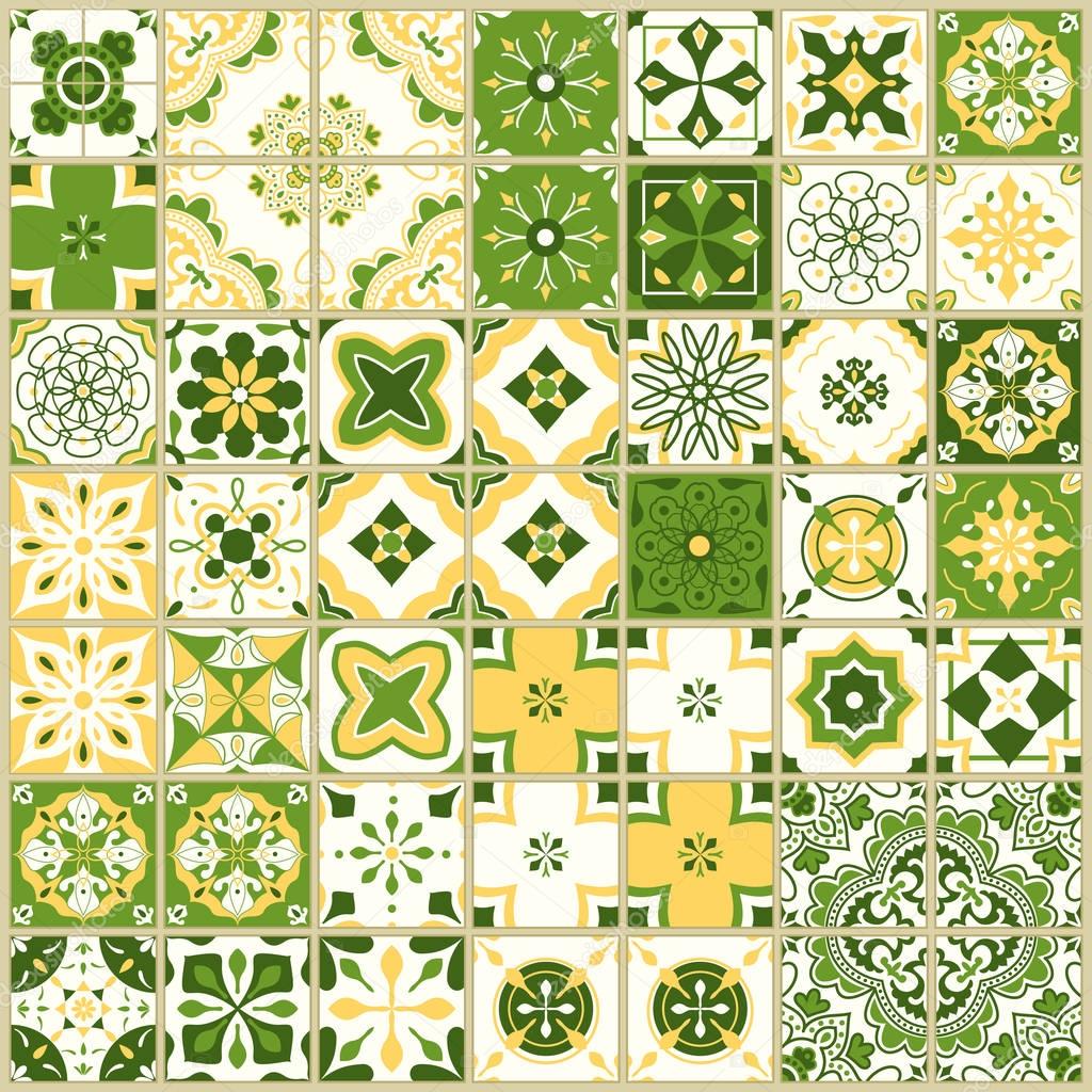 Seamless pattern with portuguese tiles. Vector illustration of Azulejo on white background. Mediterranean style. Green and yellow design.