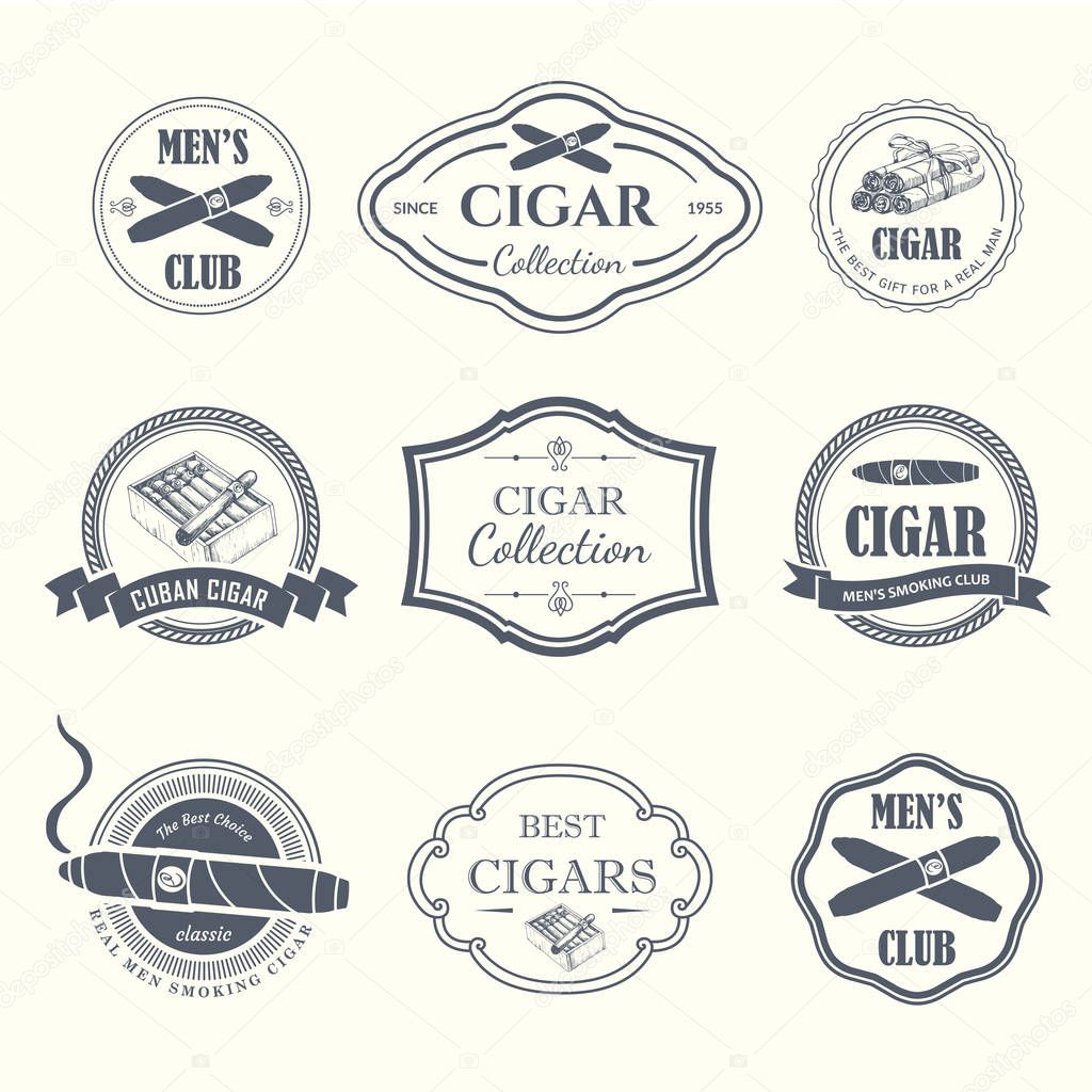 Vector Illustration with logo and labels. Simple symbols tobacco, cigar. Traditions of smoke. Decorative illustrations, icon for your design. Gentleman style.