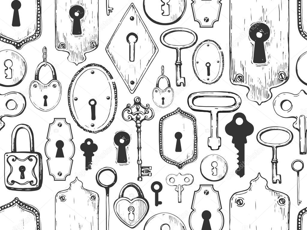 Seamless pattern. Vector set of hand-drawn antique keys, keyholes and locks. Illustration in sketch style on white background. Old design.