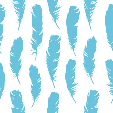 Beyaz arka planda tüyleri olan kusursuz mavi bir illüstrasyon. Doğal vektör modeli. Boho tarzı. Basit siluetler.