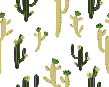 Beyaz zemin üzerinde kaktüs olan kusursuz bir şekil. Yaz bitkileri, çiçekler ve yapraklar. Doğal parlak çiçekli tasarım. Botanik illüstrasyon.