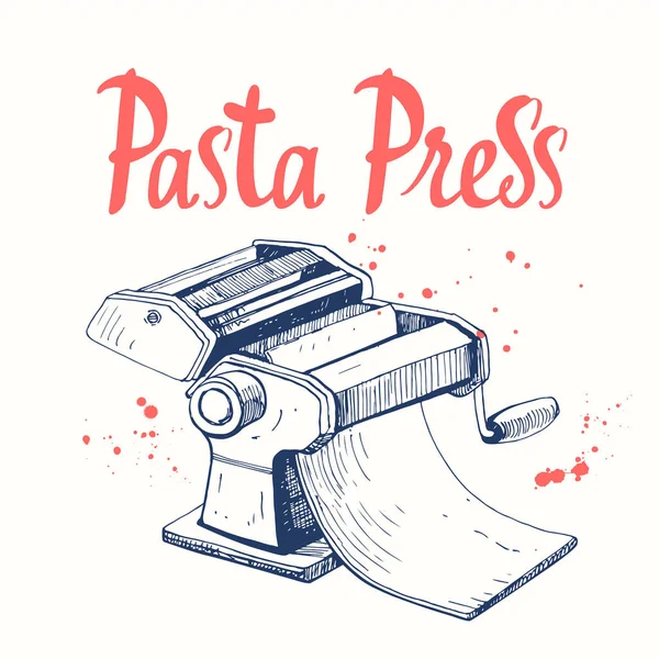 Vektorillustration med pastamaskin. Skiss design. Italienska hemlagad traditionell mat. — Stock vektor