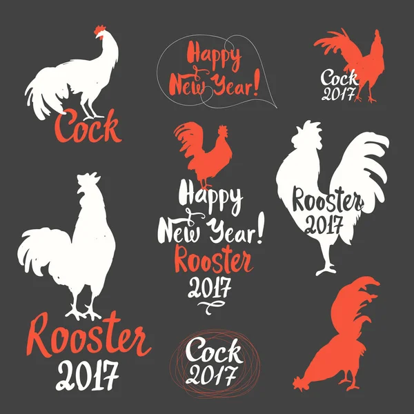 Set label lucu dengan ilustrasi siluet dalam pose yang berbeda pada latar belakang hitam. Gaya Sketch. Vektor ilustrasi ayam jantan. Brush dillustrations . - Stok Vektor