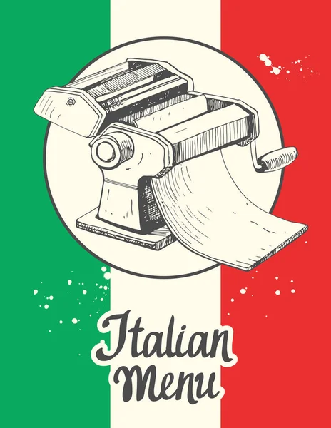 Vektorillustration mit Nudelmaschine. Skizzenentwurf. italienisches hausgemachtes traditionelles Essen. — Stockvektor