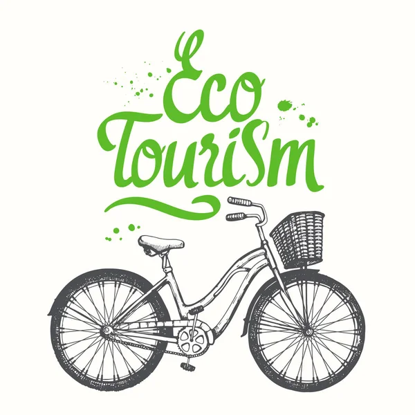 Ilustración de vectores de viaje con bicicleta en estilo de boceto sobre fondo blanco. Cepille elementos de caligrafía para su diseño. Letras de tinta manuscritas . — Vector de stock