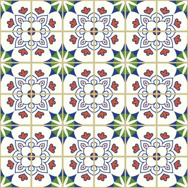 Portekiz fayanslarıyla kusursuz desen. Beyaz arka planda Azulejo 'nun vektör illüstrasyonu. Akdeniz tarzı. Çoklu renk tasarımı.