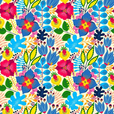 Beyazın üzerinde çiçek deseni var. Vektör İllüstrasyonu. Çiçekler ve yapraklarla soyut bir arkaplan. Doğal parlak tasarım.