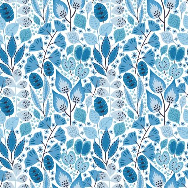 Beyaz çiçek dikişsiz desen. Vektör İllüstrasyon. Çiçekler ve yapraklar ile soyut arka plan. Mavi renklerde doğal parlak tasarım.