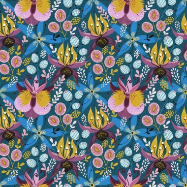 Mavi çiçek dikişsiz desen. Çiçek ve yapraklarla soyut vektör arka planı. Doğal parlak tasarım.