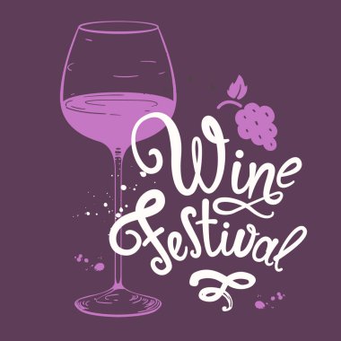 Şarap listesi için çizim stili cam olan vektör illüstrasyonu. Afiş alkollü içecekler. Festival var. Fırça kaligrafisi tasarımını belirler. El yazısı mürekkep harfleri.