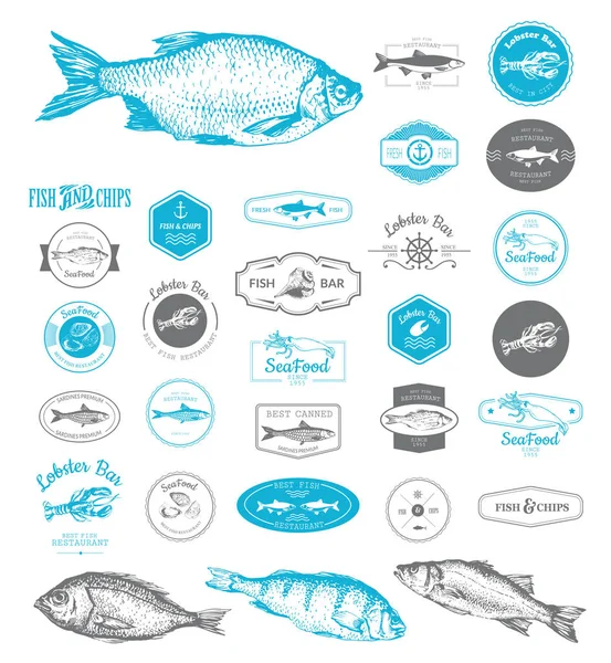 Vektorillustration mit Logo für Fischrestaurant oder Fischmarkt. Logoset für Fischrestaurant oder Bar mit einem Bild des Fisches. blau singt auf weißem Hintergrund. — Stockvektor