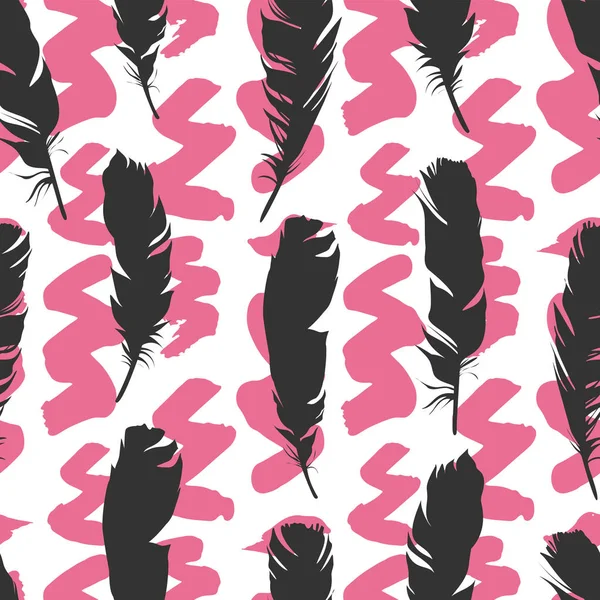 Ilustración negra sin costuras con plumas sobre un fondo de pincel rosa. Patrón de vector natural. Estilo boho. Siluetas simples . — Archivo Imágenes Vectoriales