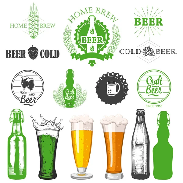 Ilustración vectorial con logotipo y etiquetas del pub de cerveza. Símbolos simples vidrio, botella. Tradiciones de bebida. Elementos decorativos para su diseño. Estilo blanco negro . — Vector de stock