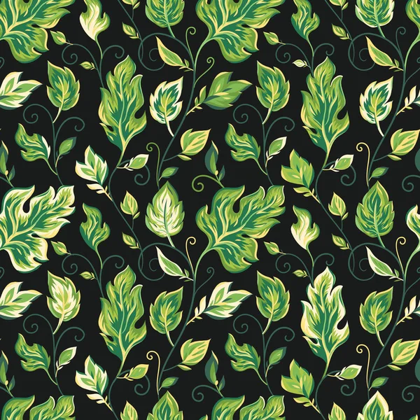 Vektor nahtloses Muster auf Schwarz mit Blättern und Zweigen. abstrakter Hintergrund mit floralen Elementen. Natürliches Design. — Stockvektor