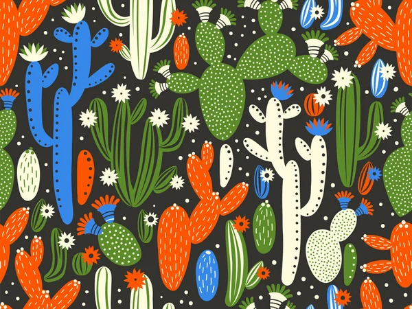 Vektorový hladký vzor s kaktusem na černém pozadí. Letní rostliny, květiny a listy. Přírodní květinový světlý design. Botanická ilustrace. — Stockový vektor