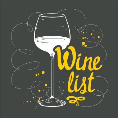 Şarap listesi için çizim stili cam olan vektör illüstrasyonu. Siyah arka planda afiş alkollü içecekler. Fırça kaligrafisi tasarımını belirler. El yazısı mürekkep harfleri.