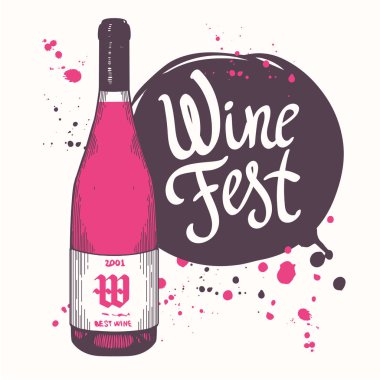 Şarap listesi için robot resim şeklinde şişe illüstrasyonu. Afiş alkollü içecekler. Fırça kaligrafisi tasarımını belirler. El yazısı mürekkep harfleri. Festival.