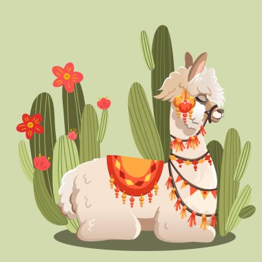 Lama ve kaktüs bitkileriyle illüstrasyon. Vektör hayvan yeşili arka plan. Alpaca ile tebrik kartı.