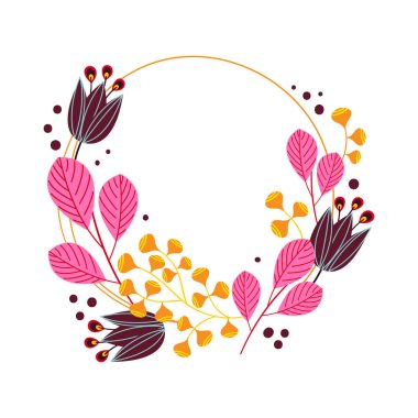 Çelenk. Dalları, böğürtlenleri ve yaprakları olan vektör çiçek çizimi. Beyaz arkaplanda çerçeve.