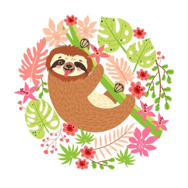 Daldaki tembellik. Yaprak, çiçek ve harf çerçeveli vektör çizimi. Mutlu yıllar. Beyaz arka planda çiçek çemberi sınırı. Tropikal tarzda tebrik kartı.