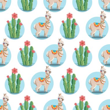 Alpaka ve kaktüs bitkileriyle illüstrasyon. Beyaz arkaplanda vektörsüz desen. Lama..