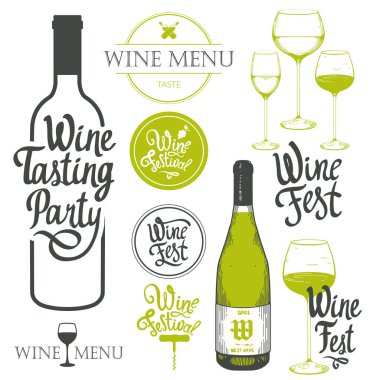 Vektör çizim etiketleri, şişe, cam, kroki tarzı corkscrewin. Alkollü içki ayarla. Şarap Festivali. Fırça hat öğeleri tasarımınız için. El yazısı mürekkep yazı.