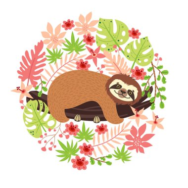 Daldaki tembellik. Beyaz arka planda yapraklardan, çiçeklerden ve harflerden oluşan bir illüstrasyon. Tropikal tarzda tebrik kartı.