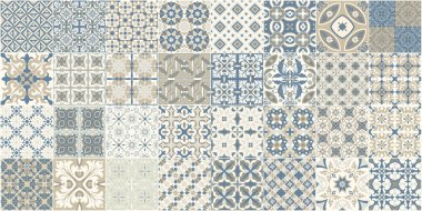 Portekiz fayanslarıyla kusursuz desen. Beyaz arka planda Azulejo 'nun vektör illüstrasyonu. Akdeniz tarzı. Çoklu renk tasarımı.