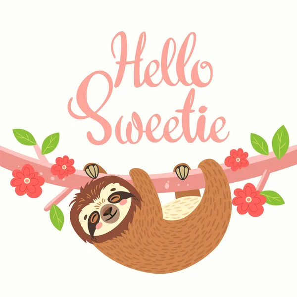 Perezoso dormido en la rama. Ilustración vectorial con oso, hojas, flores y letras Hello Sweetie sobre fondo blanco. Tarjeta de felicitación . — Vector de stock
