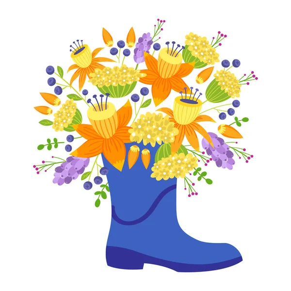 Boeket bloemen, narcis in blauwe laars cartoon illustratie. — Stockvector