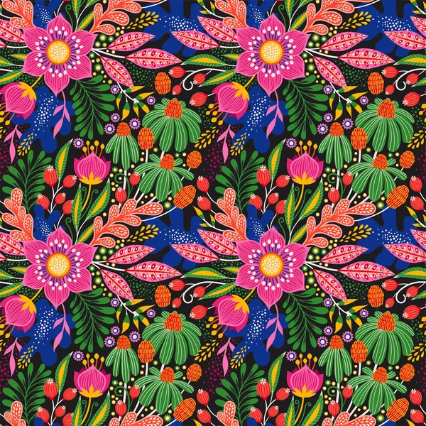 Motif floral sans couture sur noir. Fond vectoriel abstrait avec fleurs et feuilles. Design lumineux naturel. — Image vectorielle