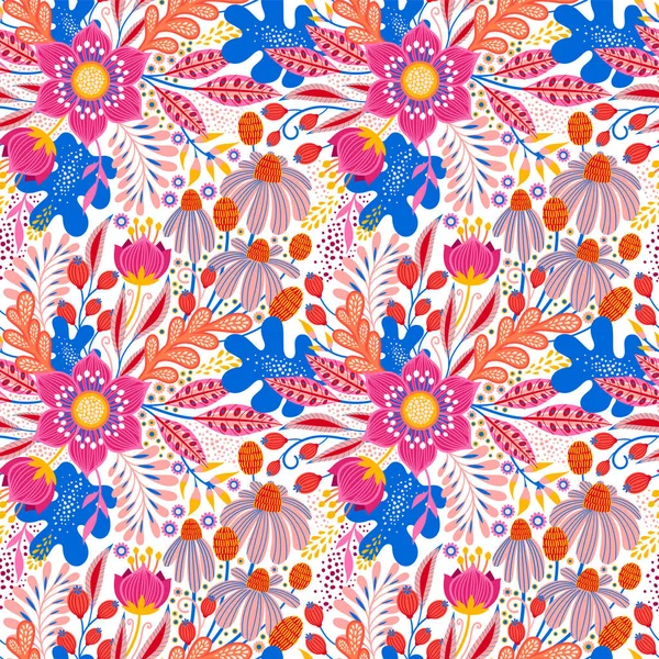 Patrón floral sin costuras en blanco. Fondo vectorial abstracto con flores y hojas. Diseño brillante natural. — Archivo Imágenes Vectoriales