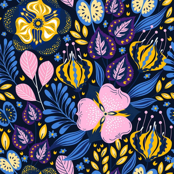 蓝色花卉无缝图案。带有花和叶子的抽象矢量背景。自然明亮设计. — 图库矢量图片