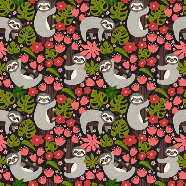Fond sans couture avec Sloth sur la branche. Illustration vectorielle de feuilles, fleurs et ours mignon sur noir. Modèle floral et animal. — Image vectorielle