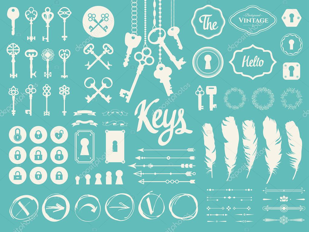 Vector illustration with design elements for decoration. Big silhouettes set of keys, locks, wreaths, boarders, branch, arrows, feathers on white background. Vintage style.